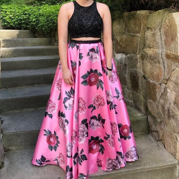 MORI LEE 2-Piece Pink Black Beaded Crop Top Floral Satin Skirt Dress Prom Gown 6 - Picture 6 of 7